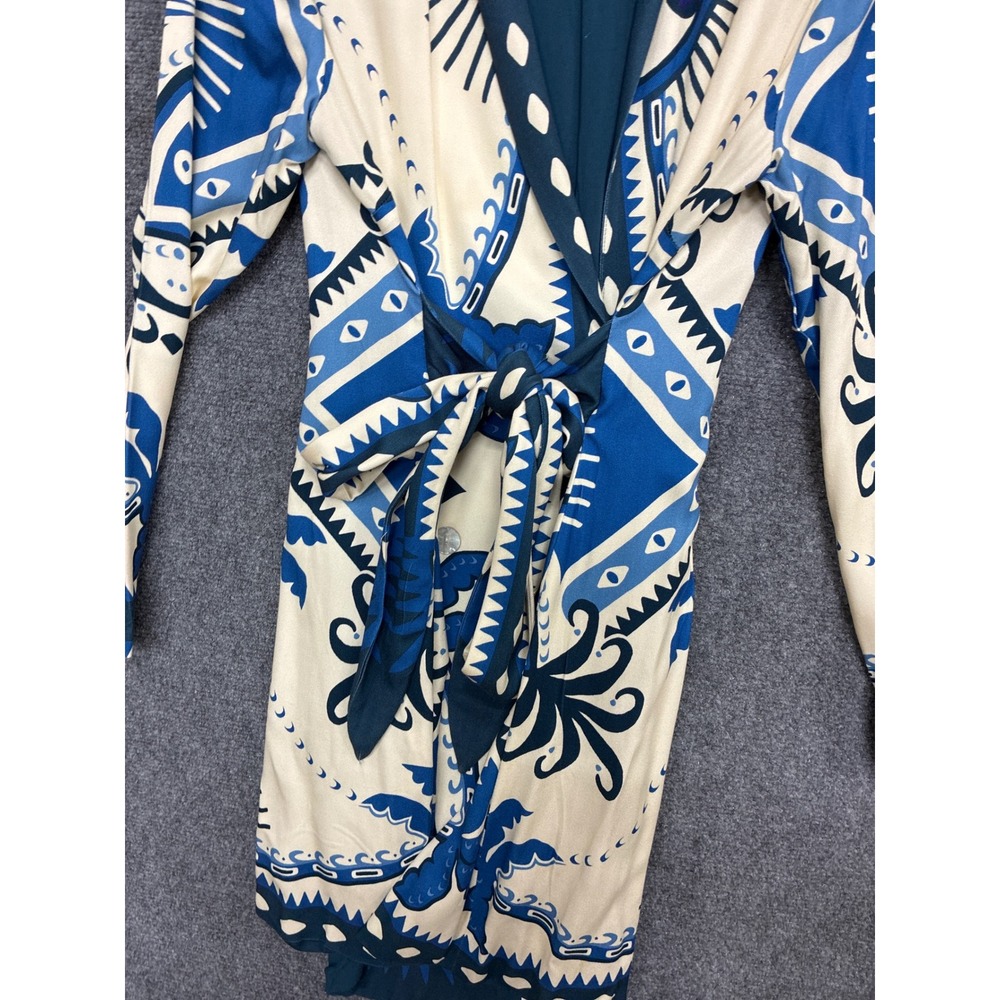 Farm Rio for Anthropologie Blue Graphic Print Wrap Mini Dress NWT Size L - Picture 6 of 8